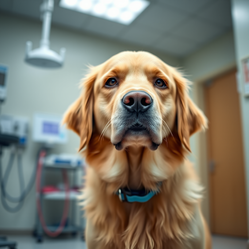 Generate an image of a golden retriever with a calm expression, standing in a veterinary clinic. The background should include soft lighting and hints of medical equipment. The dog should have a blue collar and be looking directly at the viewer.