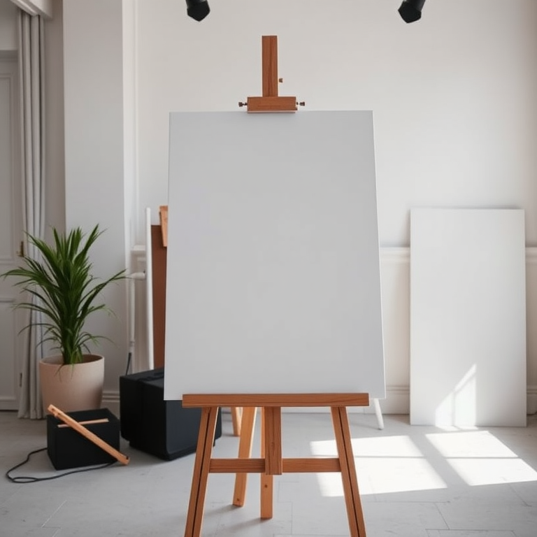 Generate an image of a blank canvas on an easel in a well-lit studio, using a DSLR camera with a 50mm lens at f/2.8, ISO 200, shutter speed 1/125s, taken from a slightly elevated angle.