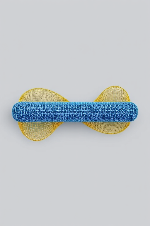 Create a high-resolution image of two stylized mesh shapes, one elongated horizontal blue mesh and one wavy yellow mesh, on a neutral gray background, with a Canon EOS R5 camera, 50mm lens, f/8 aperture, ISO 100, and soft diffused lighting for even illumination.