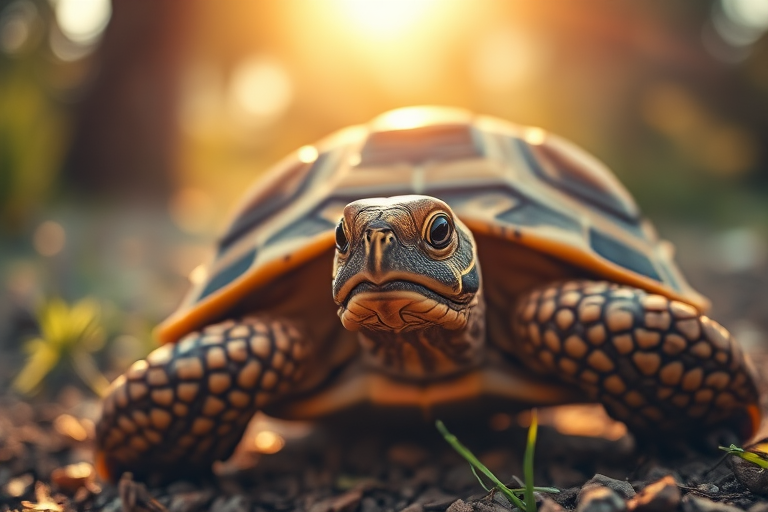 Regenerate an image of a tortoise in natural sunlight, using a DSLR camera at ISO 100, f/4 aperture, 85mm lens, 1/200 sec shutter speed, with a macro view and shallow depth of field for enhanced detail and clarity.