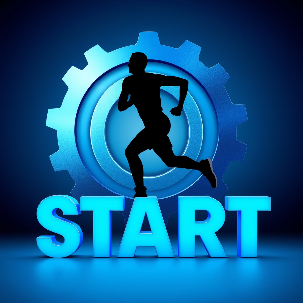 Create a high-resolution digital illustration of a runner in silhouette, dynamically posed in front of large, stylized gears colored in shades of blue and metallic tones, with the word "START" prominently displayed in vivid blue at the bottom, use a Canon EOS R5 with 50mm lens, aperture f/1.8, ISO 100, shot in 4K resolution, with a soft gradient background transitioning from dark blue to light blue.