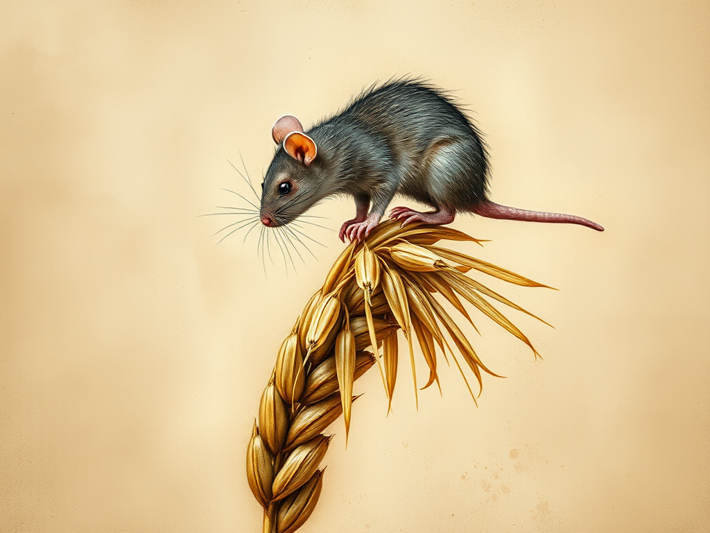 Soft, muted Alcohol Ink with ebru effect background image of tiny whimsical rat, who climbed high on the top of a golden rye ear.