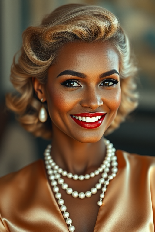 A beautiful Xhosa woman reminiscent of 1950s Hollywood glamour, with perfectly styled blonde hair and a seductive smile, dressed in a satin blouse and adorned with pearls, soft and warm tones, photorealistic, 8K