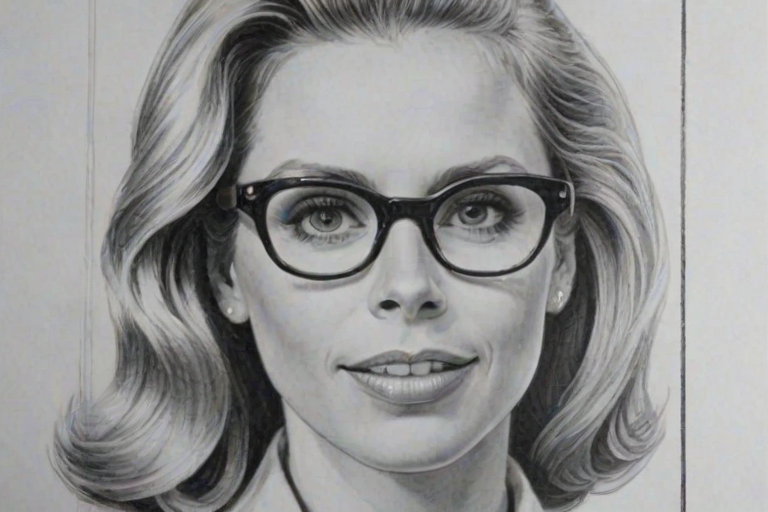 Lovely Cheryl Hines, pencil sketch, portrait of Fetching woman 1937s in glasses, hair style beatnik, outline, clear lines, fine lines, 8k