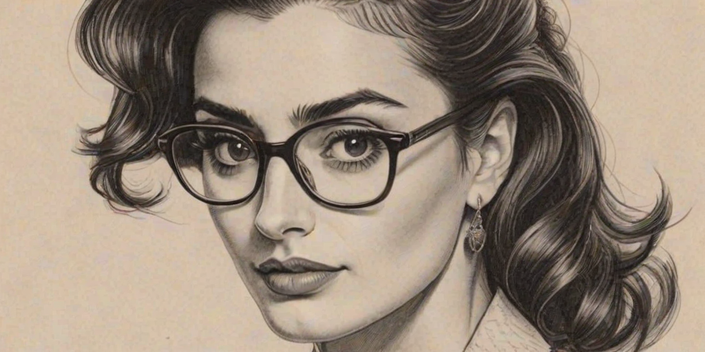 Sublime Pen'lope Cruz, pencil sketch, portrait of Beauteous woman 1946s in glasses, hair style beatnik, outline, clear lines, fine lines, 8k