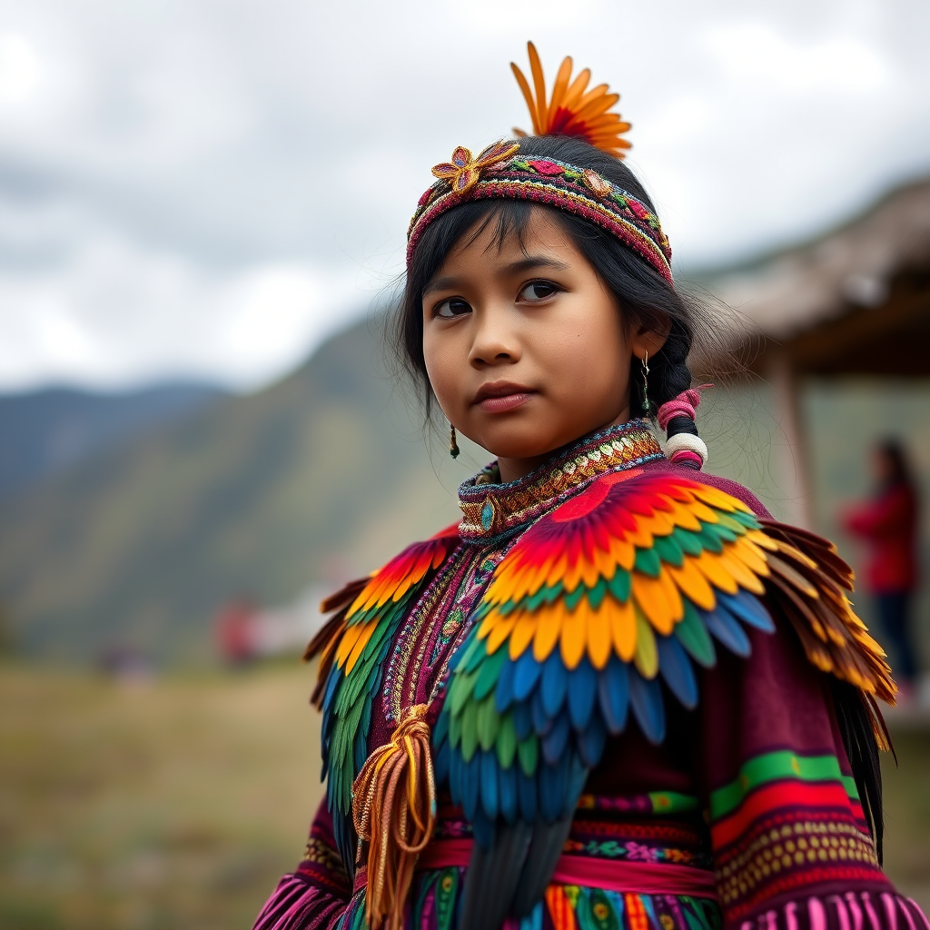 A beautiful Quechua girl, wearing colorful bird clothing with vibrant colors