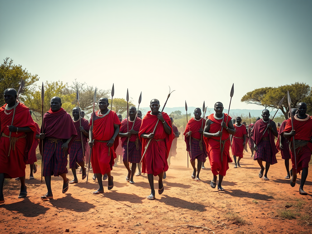 Capture a vibrant scene of Maasai warriors walking confidently in traditional attire, with sharp spears in hand, surrounded by acacia trees, shot with a Canon EOS R5 at f/2.8, 1/500 sec, ISO 100, using a wide-angle lens for an immersive perspective and a warm color grading for enhanced mood.