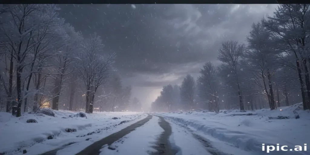 Snowy Winter Road Surrounded by Trees Under a Dramatic Cloudy Sky