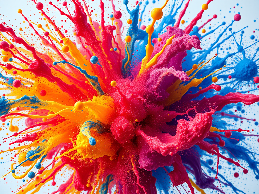Create a vibrant abstract explosion of colors with dynamic splashes and swirling patterns, captured with a Canon EOS R5, 24-70mm f/2.8 lens, ISO 100, f/8 aperture, shot from a slightly elevated angle in natural light to enhance depth and texture.