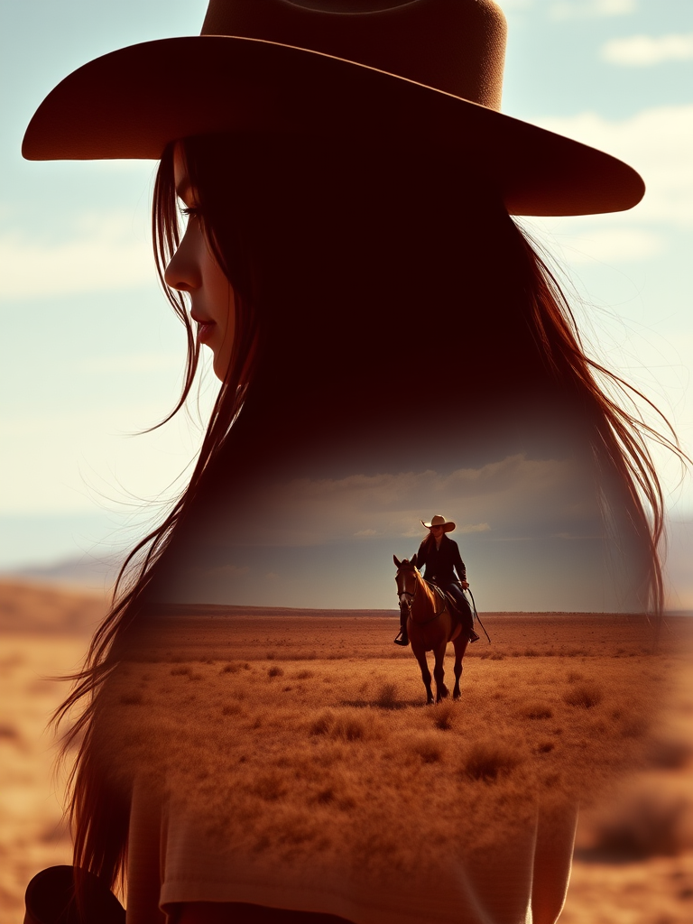 "Create a Double exposure", a silhouette "profile portrait of a young cowgirl" with long hair "superimposed" against a long shot of a cowgirl riding a horse across the plains, fantastic view, 32k, cinematic, hyper-realistic.