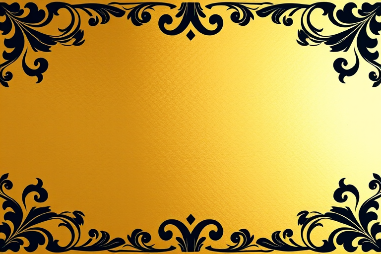 Create a high-resolution digital image of a smooth gold surface with an ornate black floral border, using a DSLR camera with a 50mm lens, aperture set to f/1.8, ISO 100, and a soft diffused lighting setup for enhanced texture and warmth.