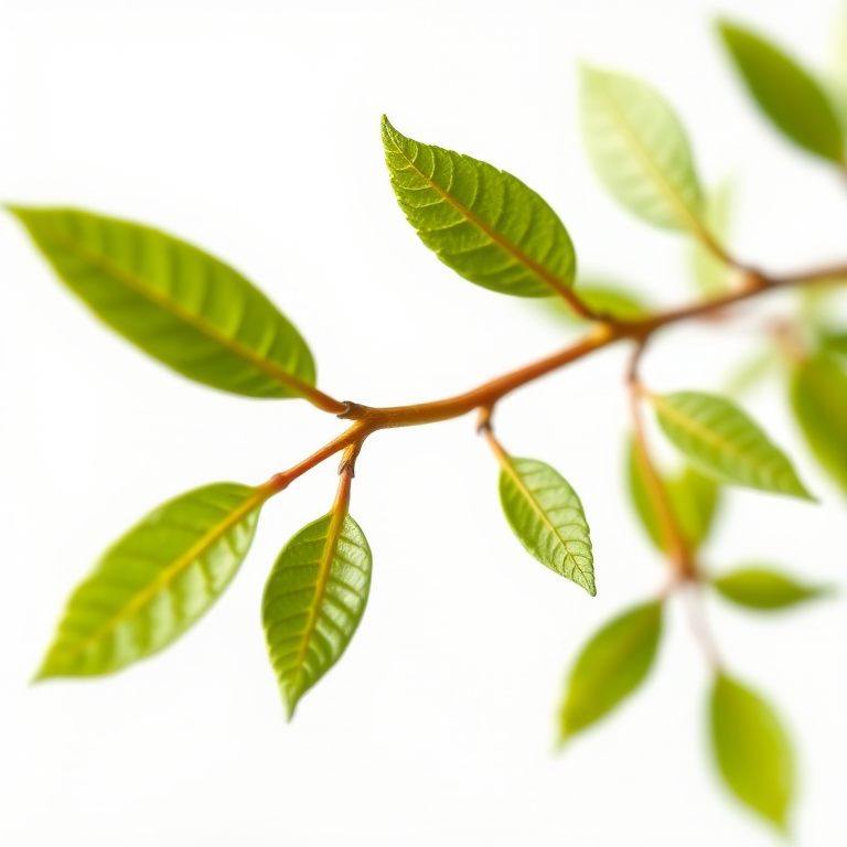 a close-up of a green leafy branch against a white background, captured with a macro lens at f/2.8, ISO 100, shutter speed 1/200, in natural light, using a DSLR camera for enhanced detail and color vibrancy