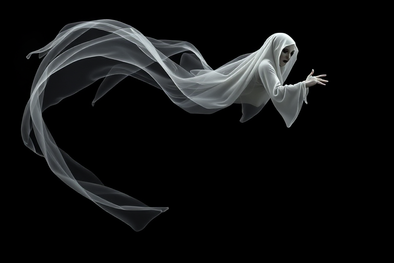 Create a high-contrast image of a ghost with a flowing tail, set against a black background, using a Canon EOS R5 with a 50mm f/1.8 lens, aperture set to f/2.8, shutter speed at 1/200s, and ISO 100 for optimal clarity and depth.