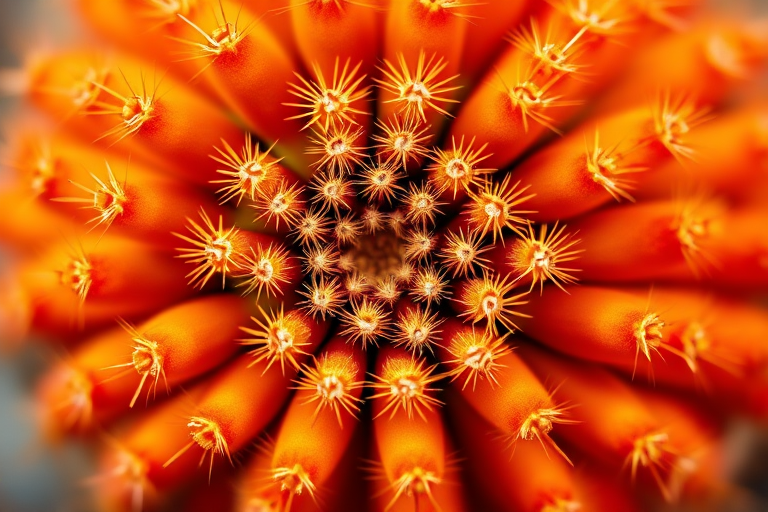 Macro shot of a vibrant orange and yellow cactus with intricate details, using a DSLR camera at f/2.8 aperture, 100mm lens, ISO 200, taken from a top-down angle with soft diffused lighting to enhance colors and texture.