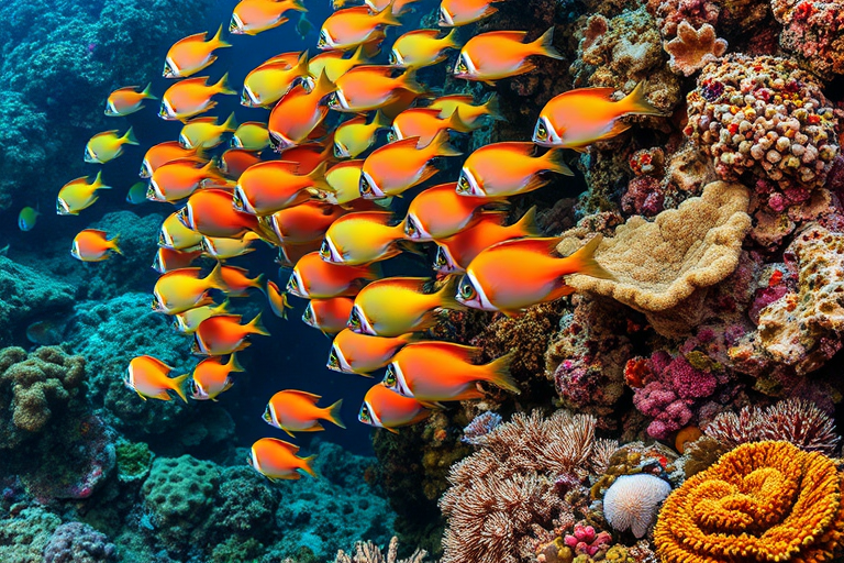 vibrant schools of colorful, stylized fish swimming through a lush coral reef, high detail, macro lens, aperture f/2.8, shutter speed 1/200s, ISO 100, 85mm focal length, soft-focus background for depth, high-resolution digital photography