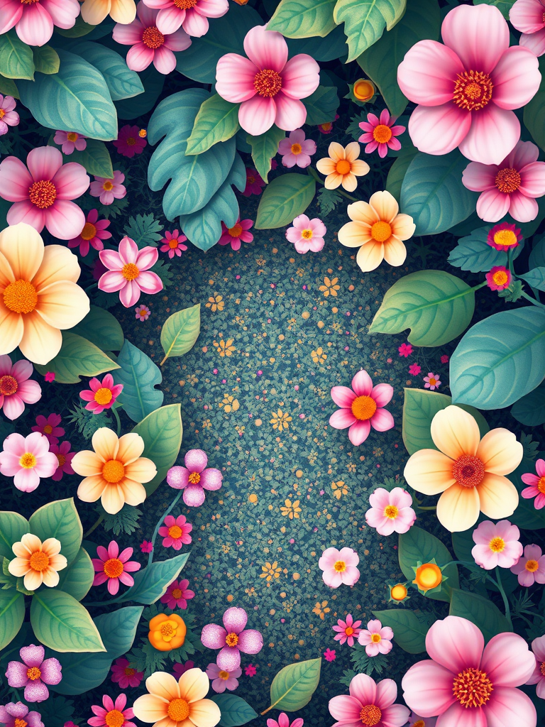 Create a vibrant illustration of a whimsical garden with various flowers and leaves in soft pastel colors, using a Nikon D850 with a 50mm f/1.8 lens, shot from an overhead view at ISO 200, f/2.8, and a shutter speed of 1/125 seconds for enhanced image quality.