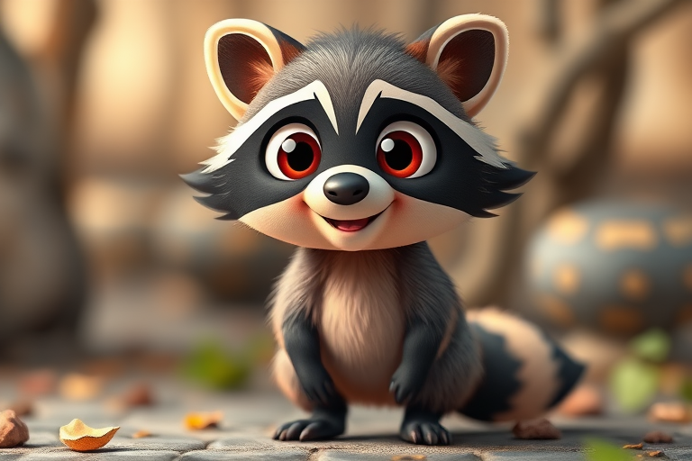 Create a cute cartoon raccoon character with big expressive eyes, standing upright, in vibrant colors, with a playful posture and a friendly smile, captured with a DSLR camera at 50mm focal length, f/2.8 aperture, ISO 100, in soft natural lighting to enhance its features and textures.
