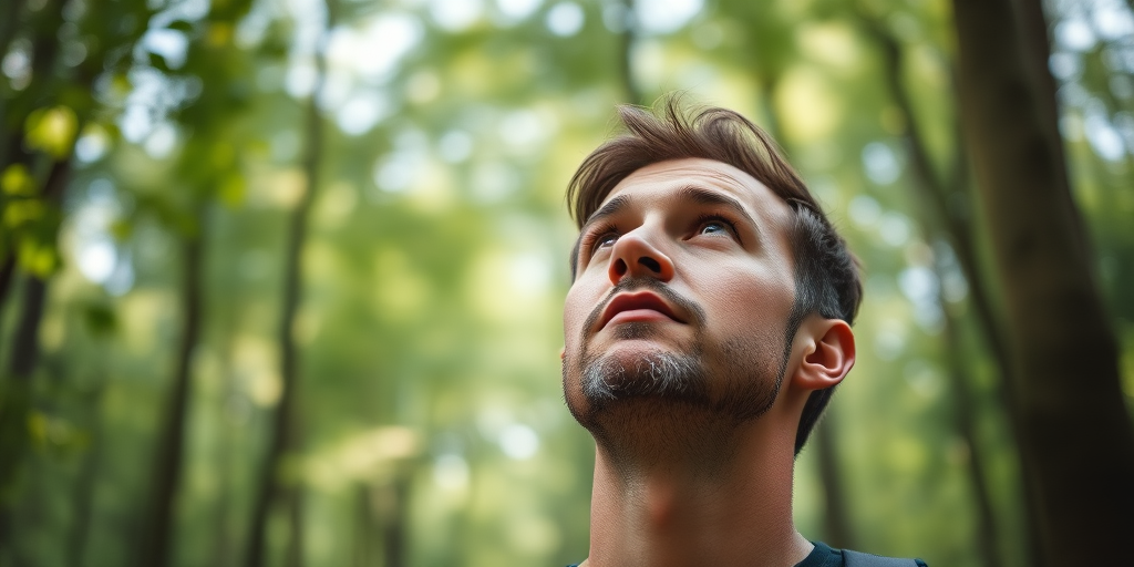 portrait of a man looking upwards in a lush green forest with soft blurry background, natural light, 50mm lens, f/1.8 aperture, ISO 100, shot at eye level with a DSLR camera