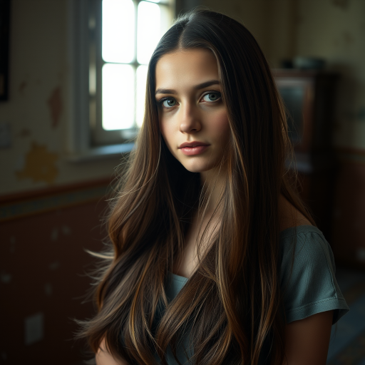 Generate a portrait of a young woman with long hair, softly lit by natural light coming through a window, in a vintage room with peeling wallpaper, using a Canon EOS R5, 50mm lens, f/1.8 aperture, ISO 100, in portrait orientation, with a soft focus effect for a dreamy quality.