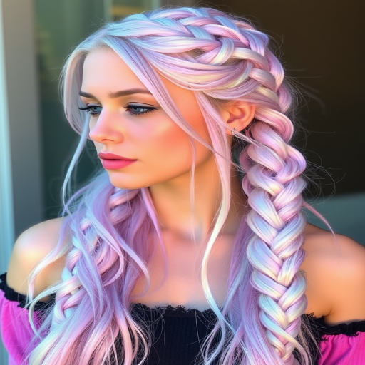 Pearlescent opal hair color styled in mermaid braids, Iridescent Fantasy look, featuring a mesmerizing blend of pastel hues that shift in the light