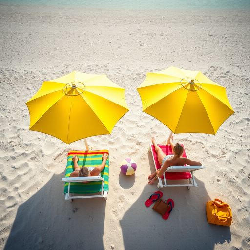 a vibrant beach scene with two beach loungers under large yellow umbrellas, featuring colorful towels, a beach ball, flip-flops, and a stylish bag, captured from a high aerial view with a DSLR camera at f/8, ISO 200, 24mm lens, in bright daylight for enhanced image quality