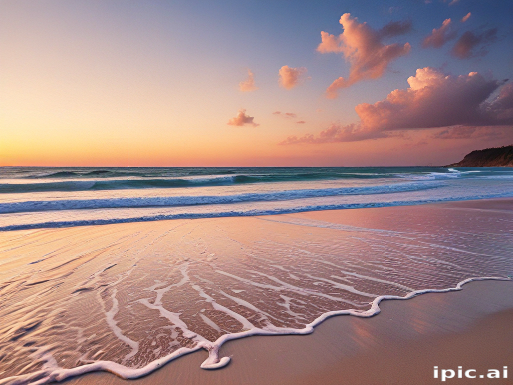 Serene Sunset Over the Tranquil Ocean Waves and Sandy Shoreline