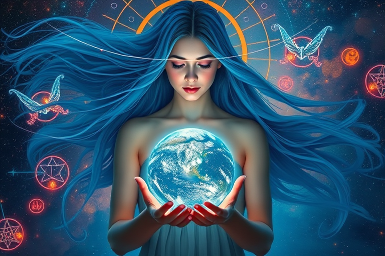 Create an ethereal depiction of a woman with flowing blue hair holding a glowing Earth, surrounded by mystical symbols and a cosmic background with vibrant colors, using a Canon EOS R5 with a 50mm lens, f/1.8 aperture, ISO 100, and a soft-focus effect for a dreamy aesthetic.