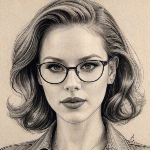 Fetching Maitland Ward, pencil sketch, portrait of Fascinating woman 1942s in glasses, hair style beatnik, outline, clear lines, fine lines, 8k