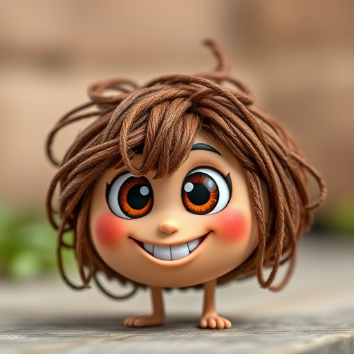 Create a whimsical cartoon character resembling a playful, smiling ball of tangled brown strands with large expressive eyes, shot in high resolution using a DSLR camera, 50mm lens, f/1.8 aperture, natural lighting, and a slight bokeh effect in the background to emphasize the character's details.