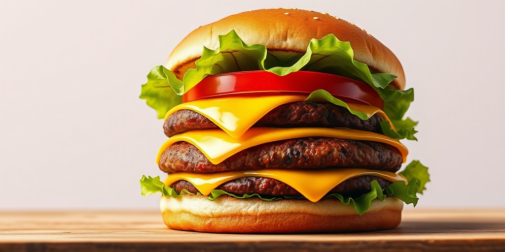 Create a highly detailed digital illustration of a hamburger featuring a thick patty, melted cheese, crisp lettuce, and a slice of tomato, captured with a DSLR camera at f/2.8 aperture, ISO 100, and a 50mm lens from a slightly elevated angle to enhance color vibrancy and sharpness.