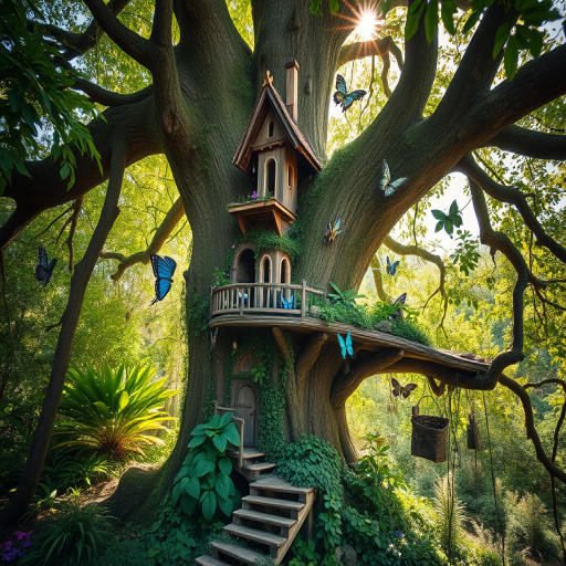 Regenerate a whimsical treehouse nestled in an ancient tree surrounded by lush greenery, with intricate architecture featuring multiple small homes, vibrant butterflies, and dappled sunlight filtering through the leaves, captured with a Canon EOS R5, 24mm lens, f/2.8, ISO 100, with soft focus and high dynamic range.