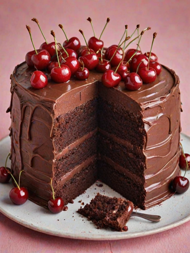 Create an image of a layered chocolate cake with cherries on top. The cake should have a rich chocolate frosting, with a slice cut out to reveal its layers. The background should be a soft pastel color, enhancing the cake's appeal.