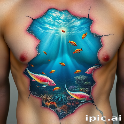 Hyper-realistic 3D tattoo entitled "Living Canvas" depicting a trompe l'oeil effect of torn or peeled skin revealing a vivid underwater scene beneath complete with coral reefs tropical fish and shimmering water rendered in exquisite detail with advanced shading techniques creating the illusion of depth and texture so lifelike it appears as if the skin has truly been transformed into a window to another world