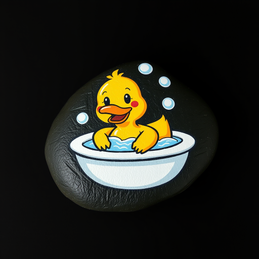 duck---drawn on a rock, an acrylic painted cartoon image of a rubber ducky taking a bubble bath. The rock is on a black background
