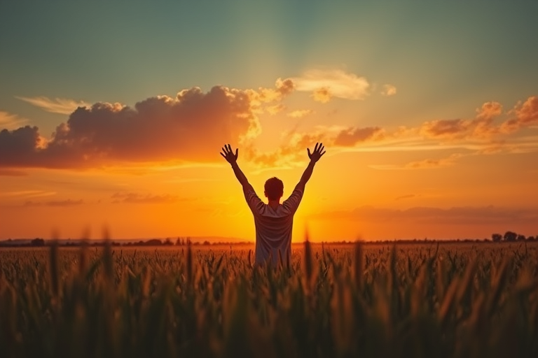 landscape at sunset with a person raising their arms in a field, warm golden tones, dramatic clouds, soft focus, aperture f/2.8, shutter speed 1/200s, ISO 100, wide-angle lens, DSLR camera, high dynamic range