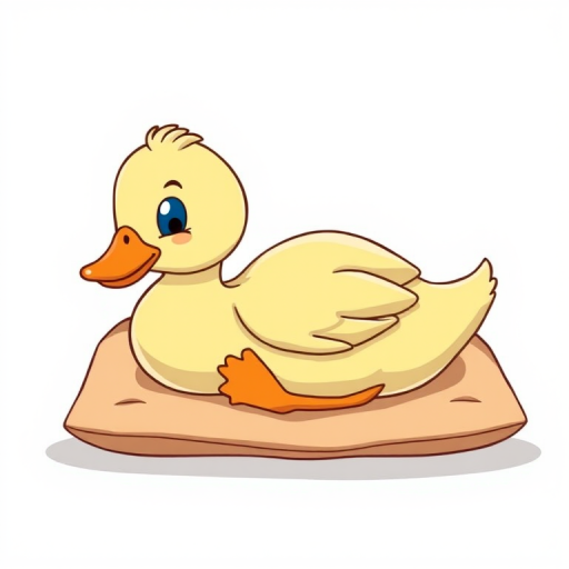 A cartoon duck lying on its back on a pillow with a simple, clean white background