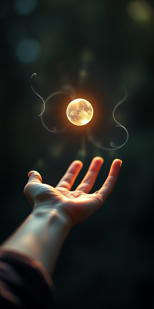 Create an ethereal scene of a glowing hand reaching out to a floating orb of light, with wisps of energy swirling around, shot with a Canon EOS R5 at f/1.8, ISO 100, 50mm lens, in a soft focus style with dramatic lighting to enhance the mystical atmosphere.
