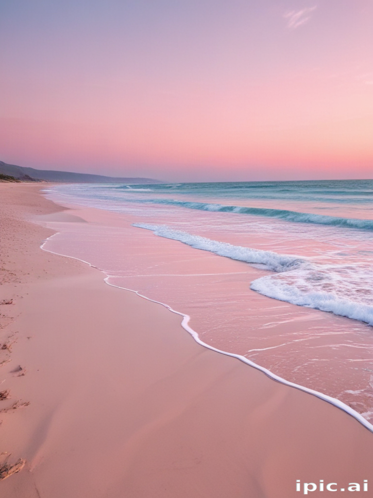 A Serene Sunset Over Tranquil Waves on a Sandy Beach Shoreline.
