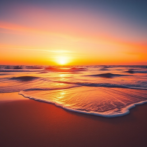 Capture a vibrant sunset over a serene beach with soft waves lapping at the shore, using a DSLR camera at f/11, ISO 100, shutter speed 1/125 sec, wide-angle lens 24mm, golden hour soft lighting, and a clear view of the horizon.