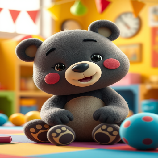 Create a cute animated bear character sitting in a colorful playroom with soft lighting, using a Canon EOS R5, 50mm f/1.2 lens, aperture at f/2.8, ISO 100, with a shallow depth of field and vibrant colors.