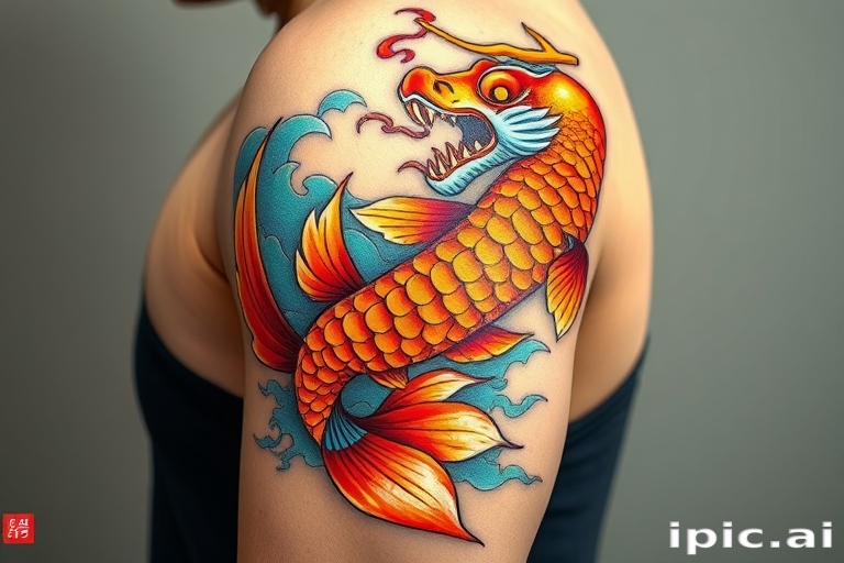 Japanese-style koi fish swimming up arm, transforming into dragon at shoulder, vibrant oranges and reds with blue wave accents