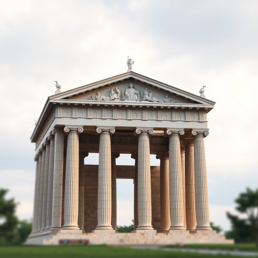 Generate an artistic rendering of a classical Greek temple with detailed columns and a triangular pediment, captured in high resolution using a DSLR camera at f/8 aperture, ISO 100, 50mm lens, and a soft focus background to enhance depth.
