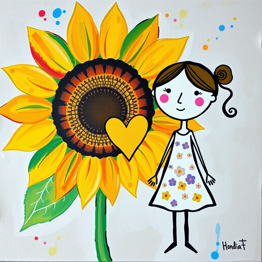 Stylized impressionism painting of a large sunflower with an oversized center and colorful petals. Beside, a young female character with eyes represented by dots and a mouth by a line, pink cheeks, hair attached, arms and legs a black line, flowery white dress triangle shape. A yellow heart surrounded by a black line between the two. Textured background with touches of colorful paint. Childish style.