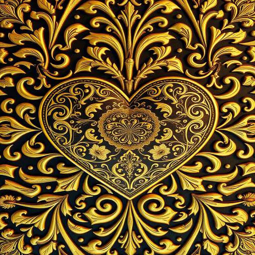 create a highly detailed, intricate golden heart pattern with floral and paisley designs, using a macro lens, f/2.8 aperture, ISO 100, 1/125s shutter speed, top-down view, DSLR camera, high dynamic range, vivid colors