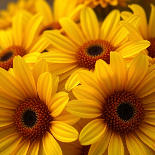 Close-up of vibrant yellow flowers with detailed petals and centers, natural light, f/2.8 aperture, 50mm lens, DSLR camera, shallow depth of field, ISO 100, vivid colors.