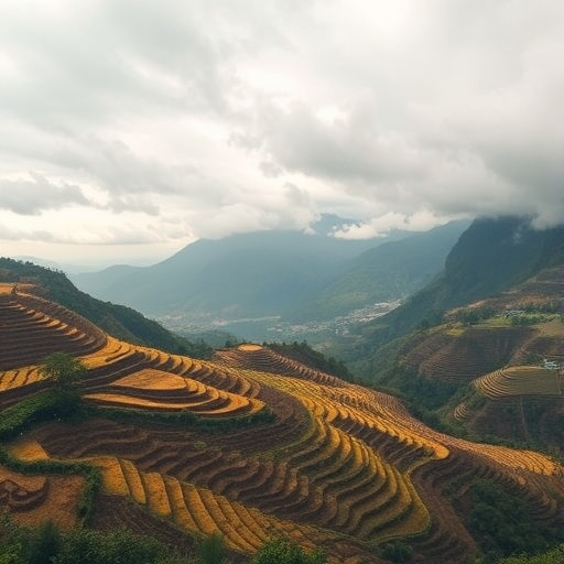 Capture a panoramic view of terraced rice fields under cloudy skies with misty mountains in the background, using a DSLR camera at f/8 aperture, ISO 100, and a shutter speed of 1/125s, taken from a high vantage point to enhance depth and detail.