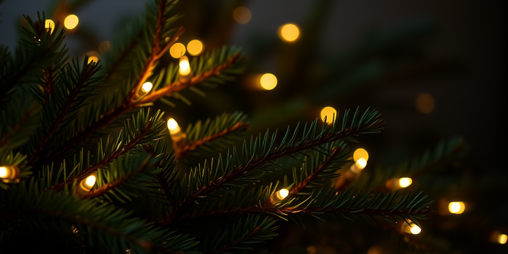 Create an image of a close-up view of evergreen branches adorned with soft glowing lights in a dark background creating a warm and festive atmosphere.
