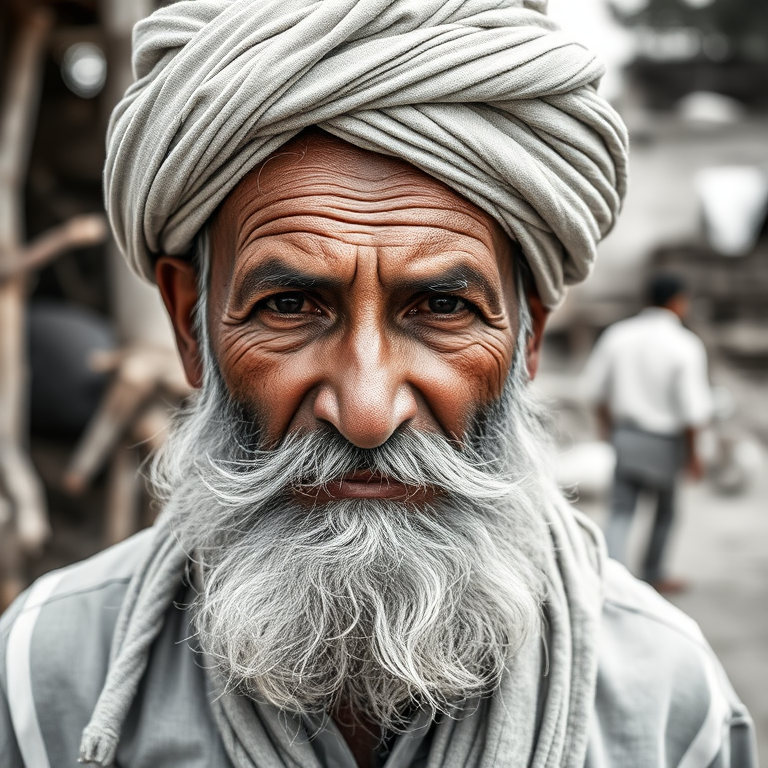 portrait of an elderly man with a beard wearing a traditional turban in a rural setting, captured at f/2.8, ISO 100, 1/200s, 85mm lens in natural light, shallow depth of field, showing intricate textures of skin and fabric, monochrome style