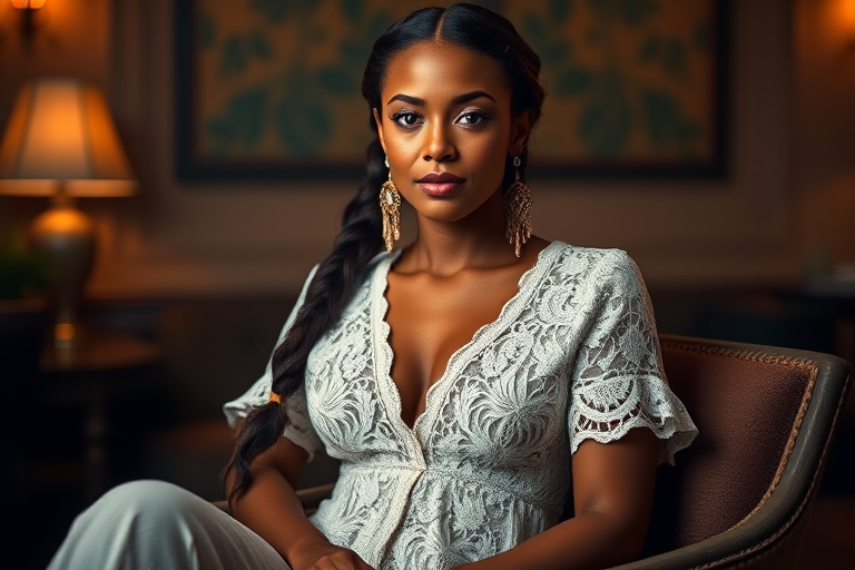 Create a portrait of a refined and elegant Tahitian woman seated in a sophisticated setting. She has long, wavy hair styled in two thick braids that are pulled over her shoulders. She wears a white, lace gown with intricate patterns, featuring a deep V-neckline and short sleeves. The dress exudes a vintage charm with its delicate lacework. She is adorned with ornate, dangling earrings that add a touch of glamour to her appearance. The background is softly lit, with warm, ambient lighting that creates a cozy and inviting atmosphere. Her expression is poised and serene, capturing a sense of grace and elegance.