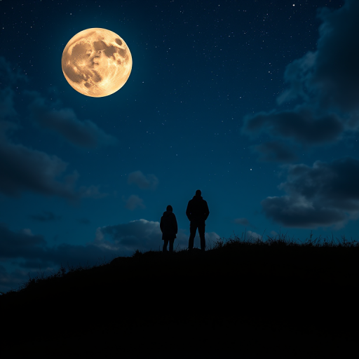 Create a vibrant night sky scene featuring a large, glowing moon with two silhouettes standing on a hill, rich detail in the clouds and stars, captured with a Canon EOS R5, 24mm lens, f/2.8, ISO 100, long exposure, twilight view for enhanced colors and clarity.